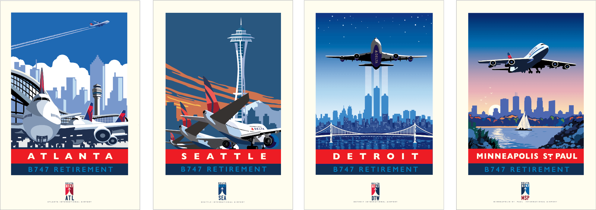 Four commemorative Delta Boeing 747 retirement illustrations