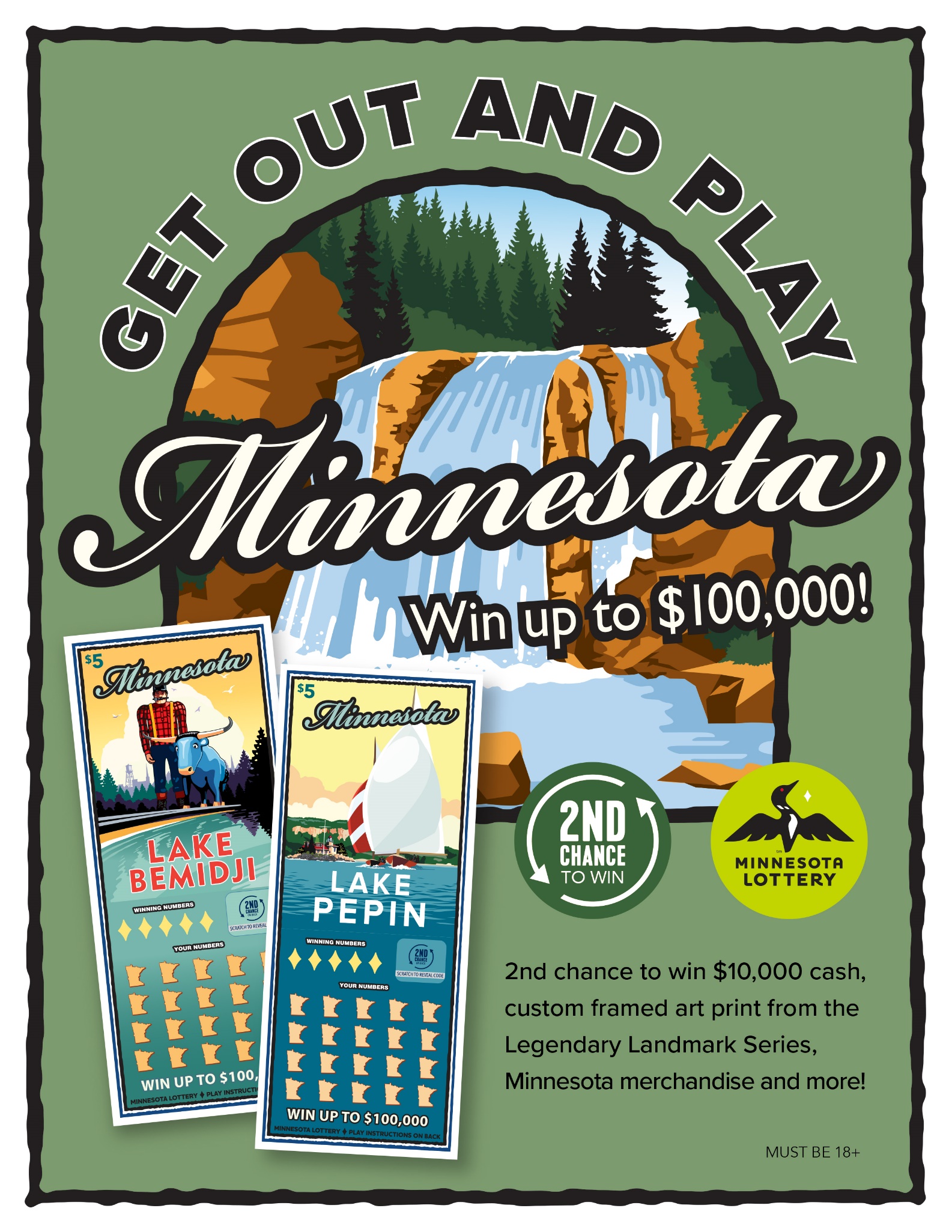 Minnesota Lottery promotional poster featuring LLAP artwork on Minnesota scratch tickets