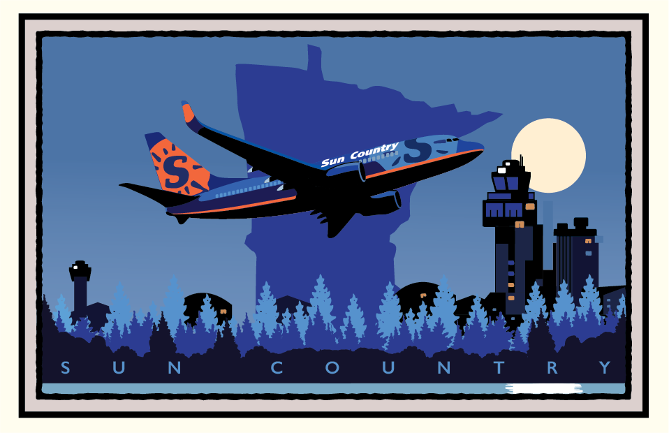 Sun Country aircraft illustration with Minnesota skyline and trees
