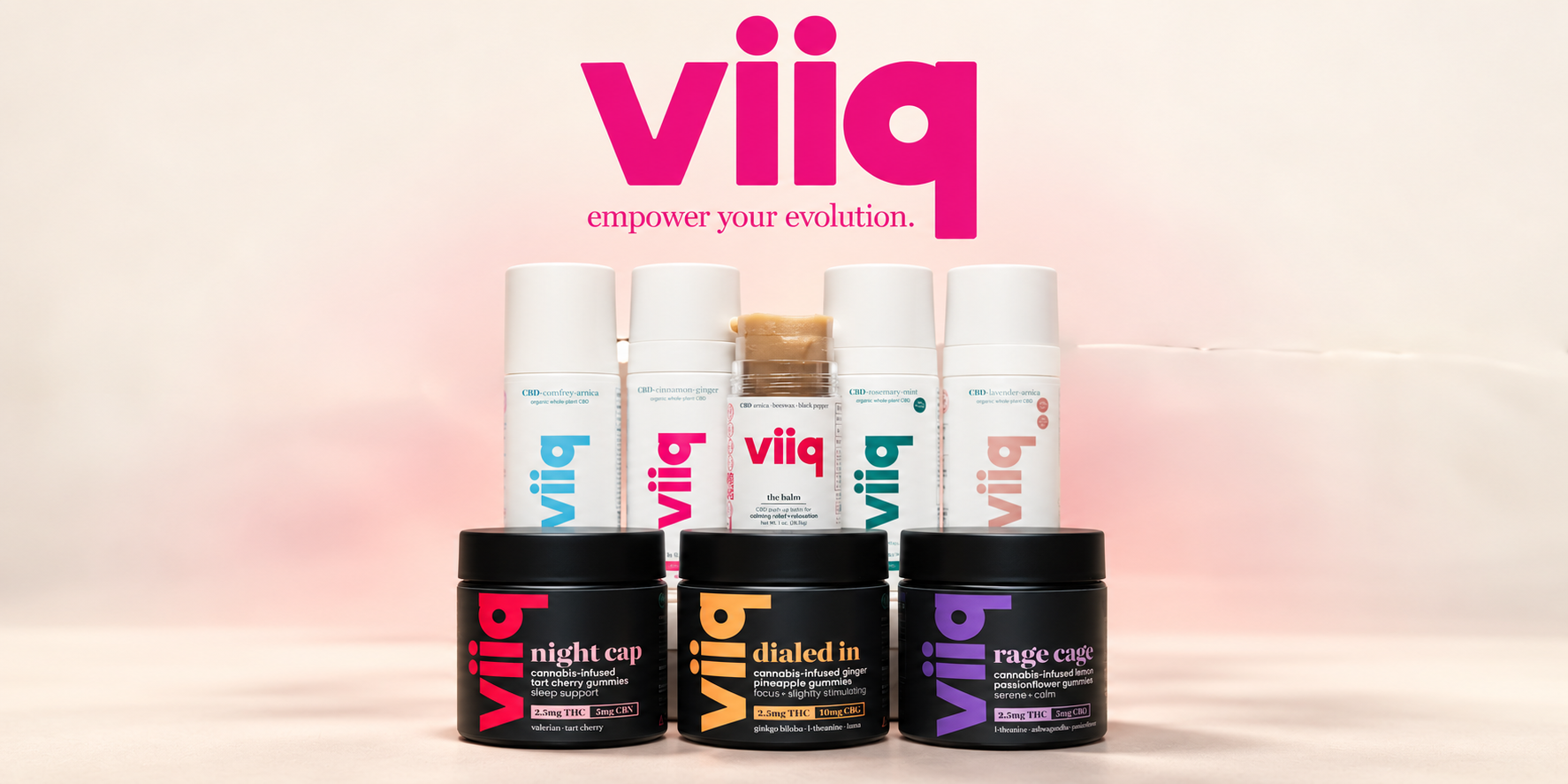 VIIQ logo and product lineup on a warm ivory and blush studio background
